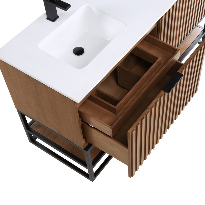 Terra 60'' W Double Vanity, Walnut, Matte Black, Calacatta Quartz/Widespread