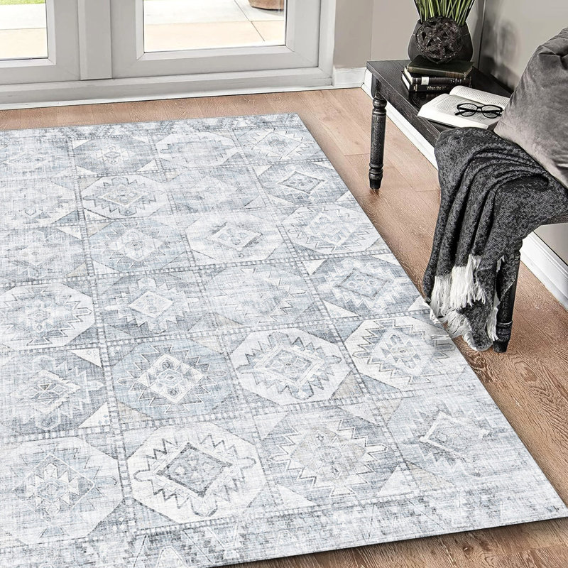 Silver Washable Rug 5'x7', Non-slip For Living Areas 5'x7' Area Rug, And To Fading In Sunlight