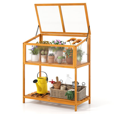  Wood Cold Frame Greenhouse w/Transparent Openable Roof & Slatted Storage Shelf