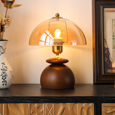 Petite lampe de table moderne en bois massif brun et métal avec abat-jour en verre pour le salon de la chambre à coucher, ampoule incluse