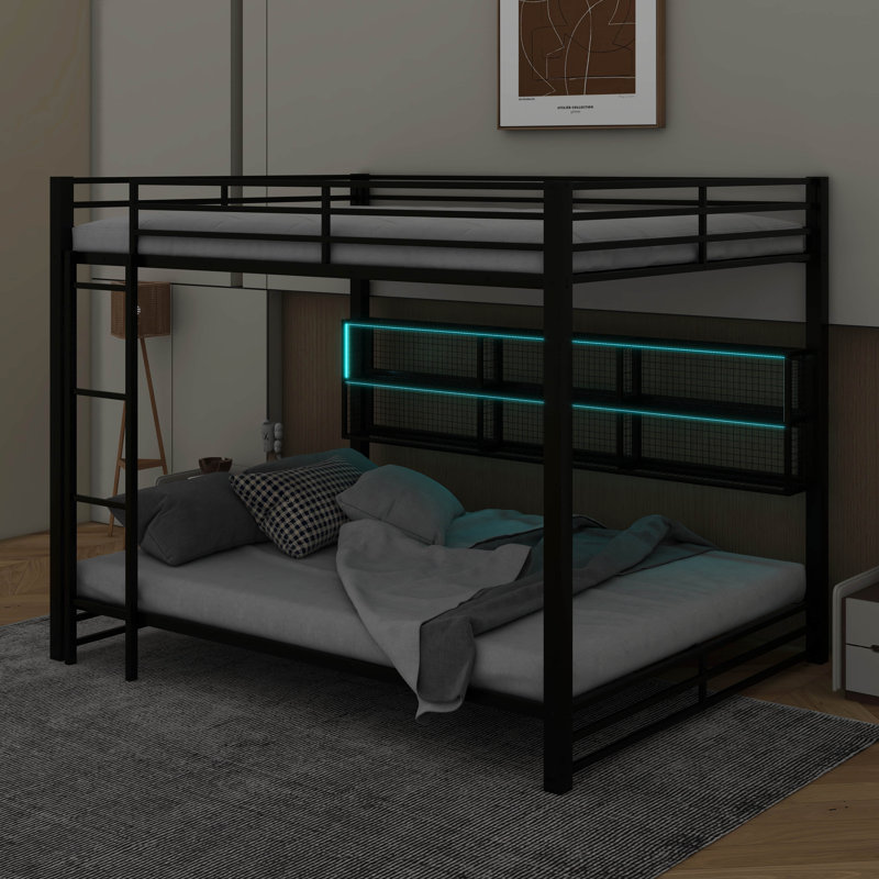 Metal Queen Over Queen Bunk Bed With Storage Cabinets And LED