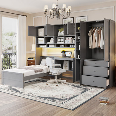 Lit plateforme simple en bois gris avec bureau intégré, à DEL, 3 tiroirs et armoires pour rangement dans la chambre à coucher