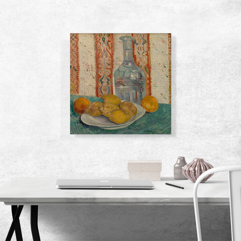 Carafe et plat avec agrumes à Paris 1887 par Vincent Van Gogh - peinture sur toile tendue, H 18 po x l 18 po x 1,5 po