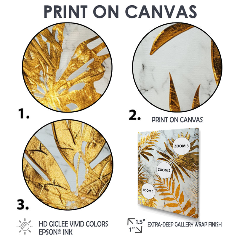 Glam Botanical On White - feuilles, art mural, salon, Toile avec cadre flottant brun, H 44 po x l 34 po x P 1,5 po
