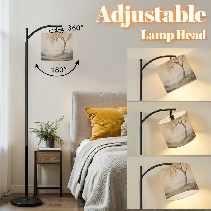Lampe sur pied à arc en forme de saule serein à l'aquarelle douce paysage doux fleurs debout avec abat-jour réglable 3 lumières à intensité variable avec télécommande pour le salon