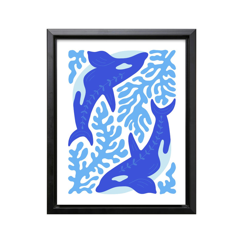Groovy Blue Orcas, 08"H x 10"W, Canvas, Black Framed