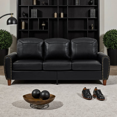 81.5" Classic Brown Faux Leather Sofa | Rolled Arm Couch with Brass Nailhead Trim, Breathable PU Upholstery & Solid Wood Legs for Living Room & Office