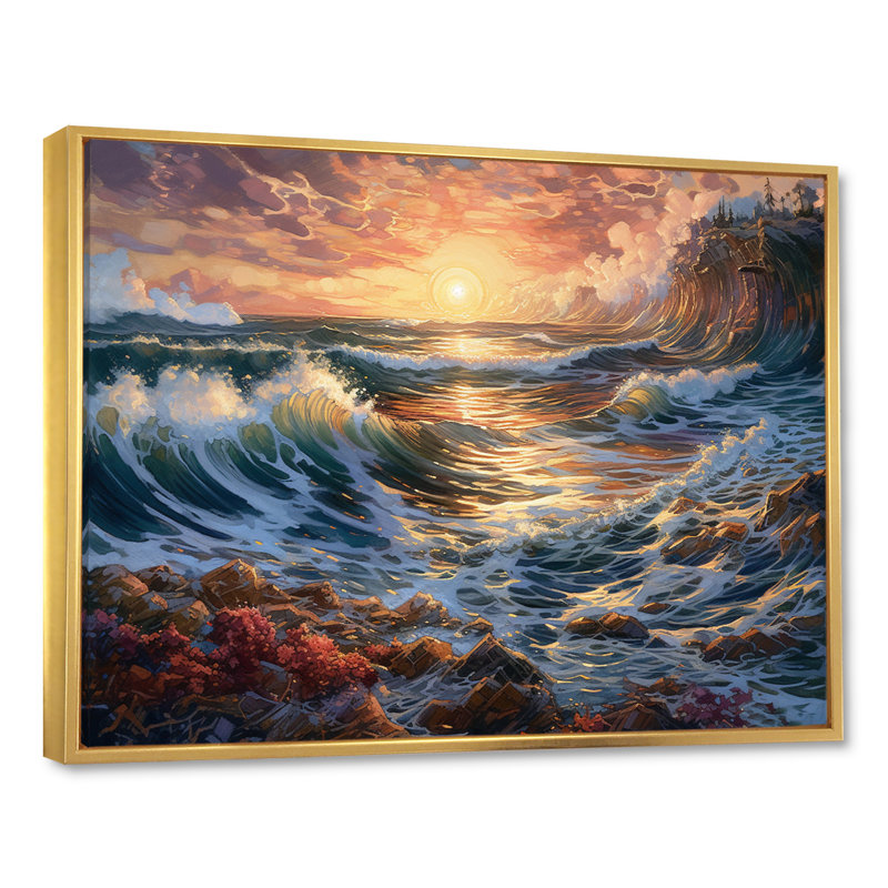 Golden Blue Majestic Waves III sur toile, H 24 po x l 32 po x P 1 po, Cadre flottant doré