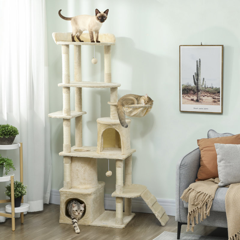 Arbre à chat, grande tour à chat 67 po avec 7 poteaux à griffer, beige, Beige