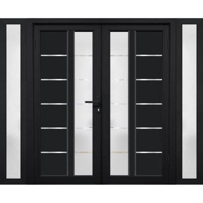Portes d'entrée extérieures prémontées en PVC-U métal-plastique MANUX 8088 Noir mat, 2 impostes latérales, fenêtres extérieures, portes d'entrée commerciales et résidentielles, patio, garage 96 x 80