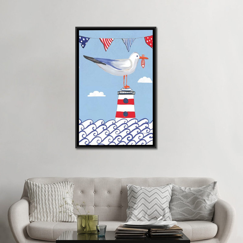 « côtier oiseau on blue i », impression sur toile, H 26 po x l 18 po x P 1,5 po, Toile avec cadre noir, Pas de tapis