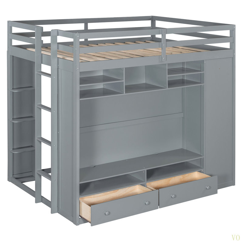 Lit mezzanine double avec tiroirs, tablettes et lumière, Grey