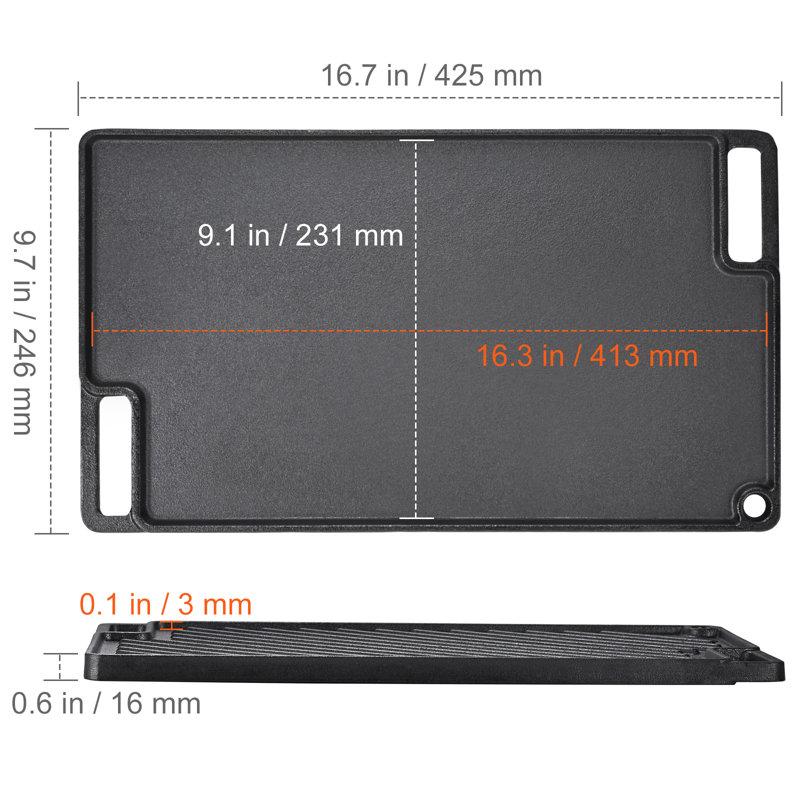 Black Cast Iron Reversible Double Burner Griddle Pan