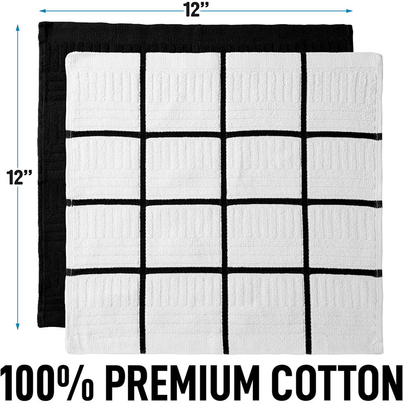 Zulay Kitchen Cotton Wash Cloths - 8 Pack Absorbent Kitchen Towels Machine Washable, Black, 12" L x 12" W