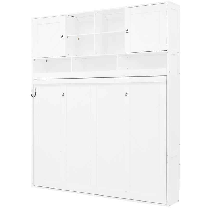 Queen Bed Of White, Wall - Mounted With Stripes, Large Storage, And 6 8 Inch Mattress Compatibility White Size Decorative Panels, Functional 600 Lbs Support