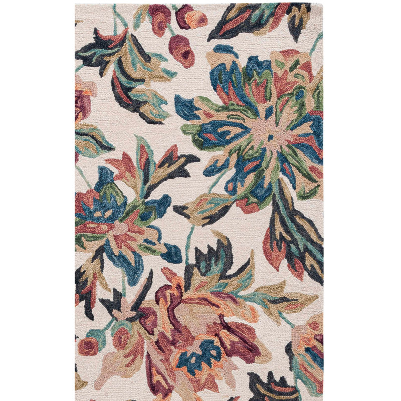 Kameyah Hand Tufted Wool/Cotton Floral Rug in Ivory/Plum, Square 6'