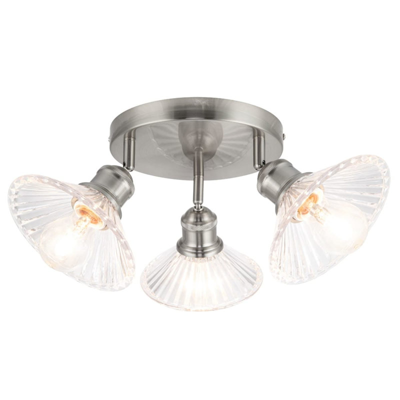 Milan Bathroom 3 Light Modern Round Plate Ribbed Glass Spotlight - IP44, 3xE27. Max. 15W LED (Bulb not included)