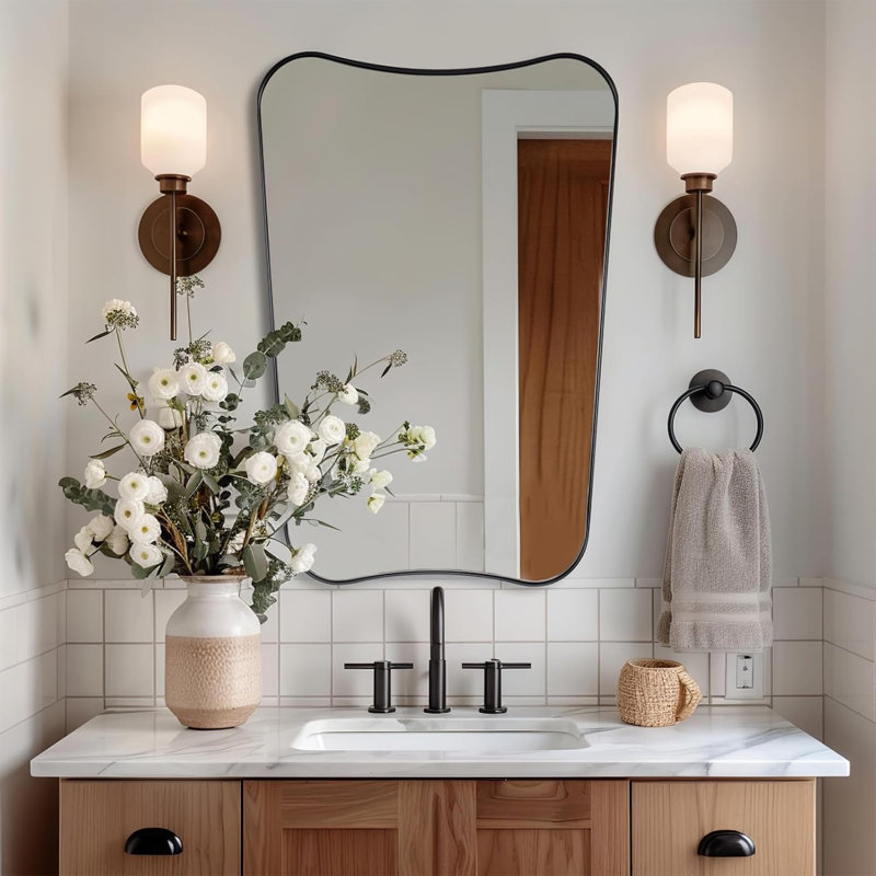 Contemporary Concave Scalloped Irregular Bathroom Vanity Mirror | Stainless Steel Frame, Matte Black, 30" x 22"
