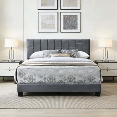 Velvet Platform Bed Frame With Upholstered Headboard