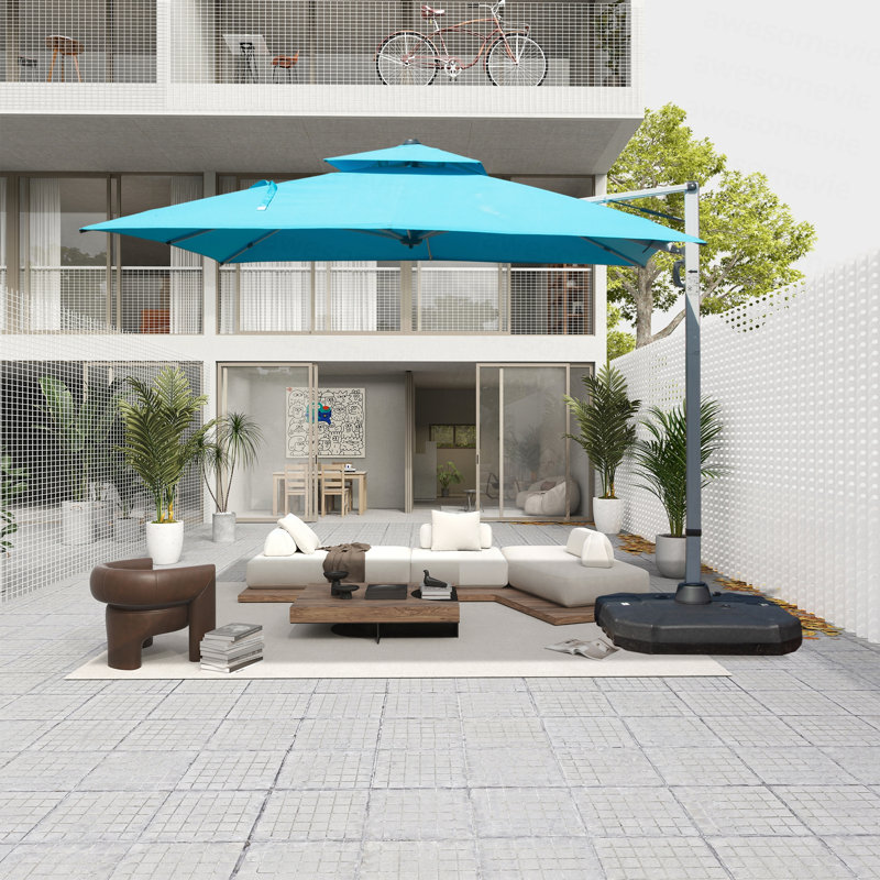 Parasol carré en porte-à-faux 10 'x 10' avec mât central, bleu lac (base non incluse), 116.14" W x 116.14" D, Bleu lac