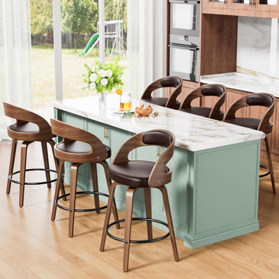 Ensemble de 6 tabourets de bar, tabourets de bar à hauteur de comptoir pour îlot de cuisine, chaise de bar moderne rembourrée de 26,8 pouces, tabourets de comptoir pivotants avec dossier en bois et pieds en bambou TUOSE