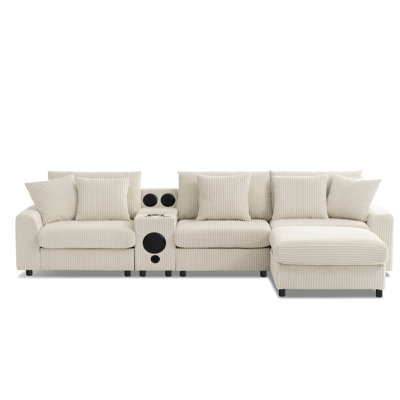 114*64" Corduroy Sectional Sofa with Bluetooth Speakers,L Shaped Couch with Console,USB Charger,Cup Holders,Storage,Ottoman