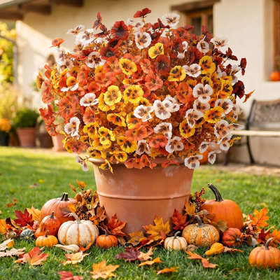 24-Pack Artificial Fall Flowers with Eucalyptus Leaves – Orange & Brown Faux Outdoor Blooms
