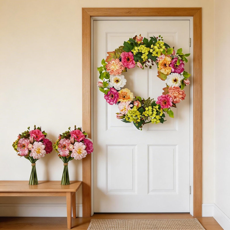 Couronne de printemps 24 po, couronne de pivoines avec 2 faisceaux, 24 po x 24 po