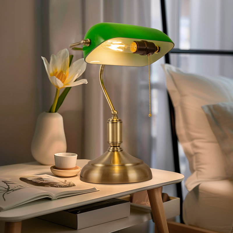 Lampe de banquier en verre noir avec garniture dorée et interrupteur à chaîne, lumière de bureau réglable pour bureau, bibliothèque ou bureau
