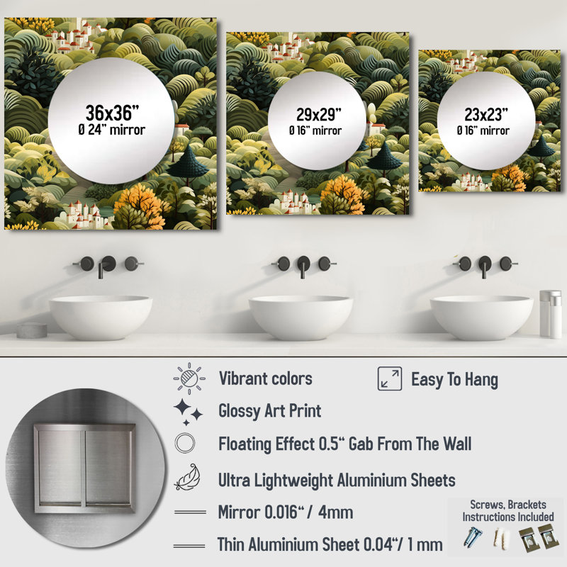 Green Green Dreamy Forest Landscape - Grand miroir mural carré moderne pour la chambre à coucher, 23 po x 23 po