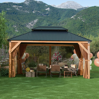 Pavillon de jardin à toit rigide 10 pi x 12 pi, pavillon en bois avec cadre en épinette massif et double toit en aluminium, rideaux et filet inclus, pavillons de jardin d'extérieur pour le jardin, le patio, les pelouses et les fêtes