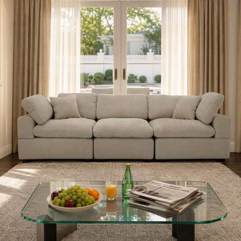 Canapé modulaire à 3 places, siège moelleux, coussins larges, 2 coussins pour les accoudoirs et 2 coussins décoratifs