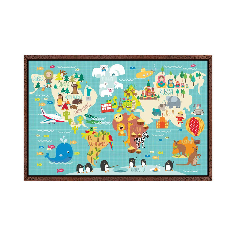 Children's World Map by Martina Hogan - Print on Canvas, 101.6 cm H x 66.04 cm W, Classic Brown Wood Framed
