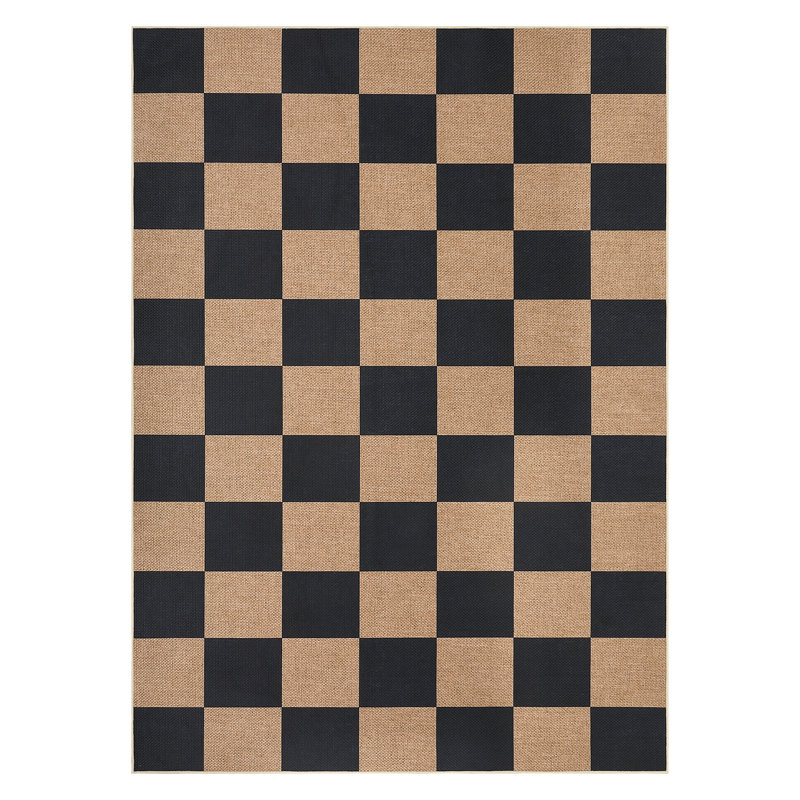 Modern Checkered Jute Area Rug - Washable, Non-Slip, Geometric Carpet for Living Room, Bedroom, Dining Room, Entryway - Indoor Outdoor, Mark Resistant - Black 
