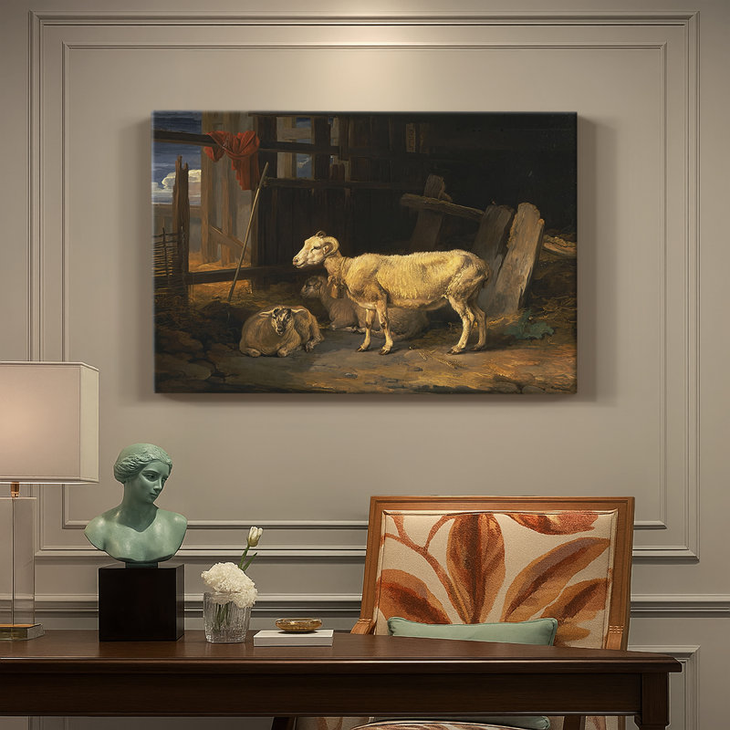 Moutons dans une étable-James début du 19e siècle, 24 po x 36 po