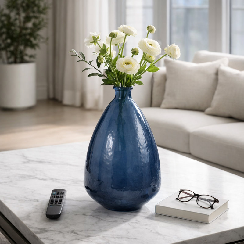 Modern Smooth Glass Vase for Home Decor Styling - Decorative Coastal Accent Tall Flower Vase for Tabletop, Shelf, or Console Setup - Blue