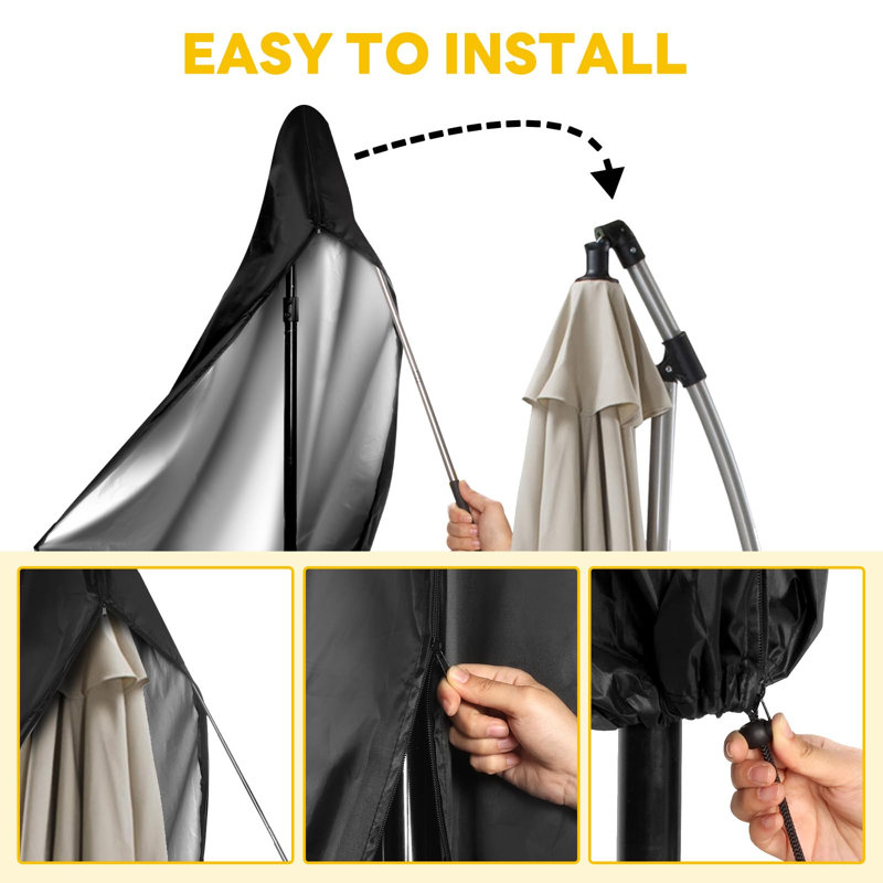 Patio Umbrella Covers Waterproof Outdoor Offset Banana Style Umbrella Cover With Rod - 420D Waterproof & Heavy Duty UV-Resistant Cover For 9-13Ft Outdoor Umbrella With Support Pole (Black)