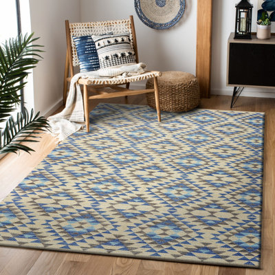 Tapis bleu / beige à motif géométrique fait à la main Pullins