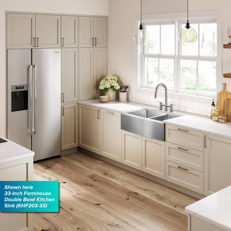 KRAUS Standart Pro Apron Front Farmhouse 16 Gauge Bowl Stainless Steel Kitchen Sink, 33"L x 20.75"W x 10"H, 40/60 Double Bowl