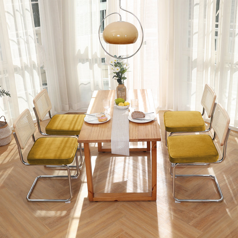 Yellow Velvet Upholstered Side Chair with Chrome Legs and Cane Back