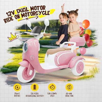 2 Seater Kids Electric Motorcycle, 12V Electric Ride On Toy With Storage Compartments