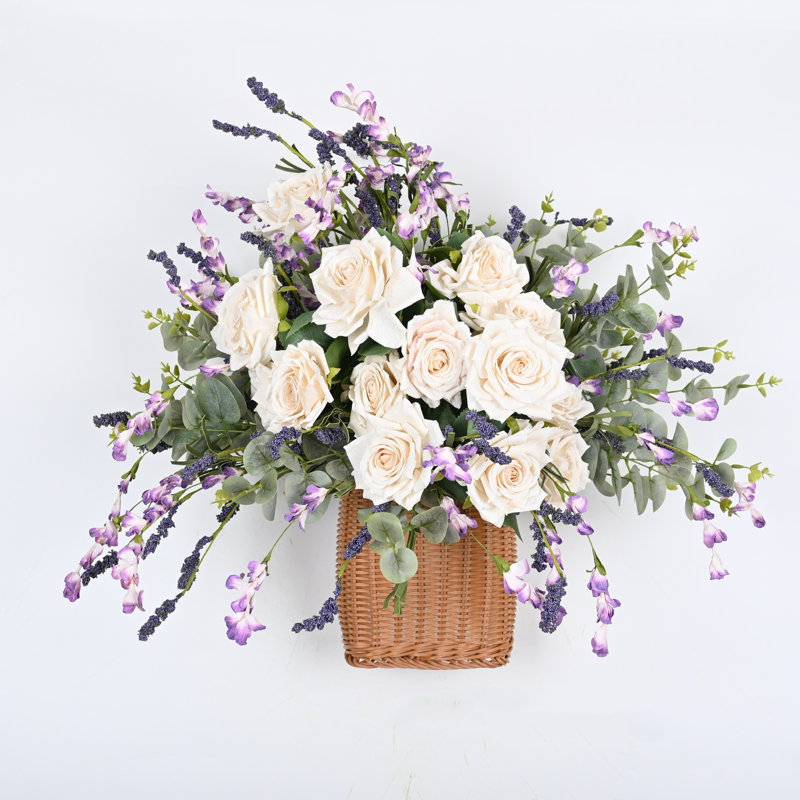 Arrangement floral de fleurs artificielles de ferme sauvage avec panier pour porte d'entrée murale, Crème, crème