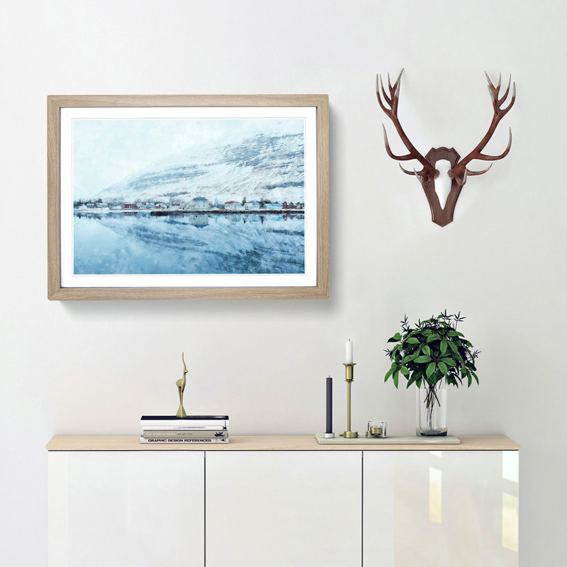 Snowy Mountain In Iceland - Single Picture Frame Painting on MDF, 33cm H x 45cm W x 2cm D, Oak Framed
