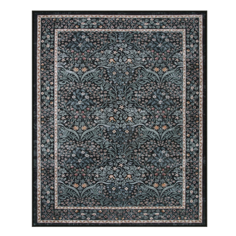 Vintage Floral Washable Black Indoor Area Rugs for Living Room Bedroom, Boho Non-Slip Forest Carpet Rug for Entryway