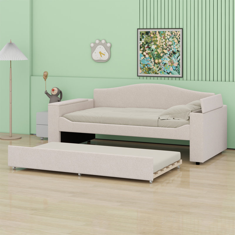 Upholstered Daybed With Storage Armrests,Trundle And Latest Integrated Bluetooth Audio System., Beige