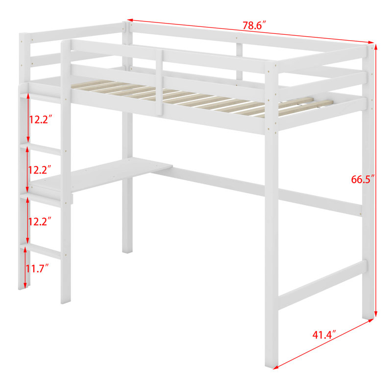 Kimahri Twin High Loft Bed, Rubber Wood Loft Bed With Safety Guardrail, Built-In Desk, Ladder