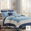 Courtepointe double / grand 7 pièces avec coussins décoratifs et taies décoratives européennes - bleu marine, motif à médaillon, bordure réversible de couleur unie, microfibre
