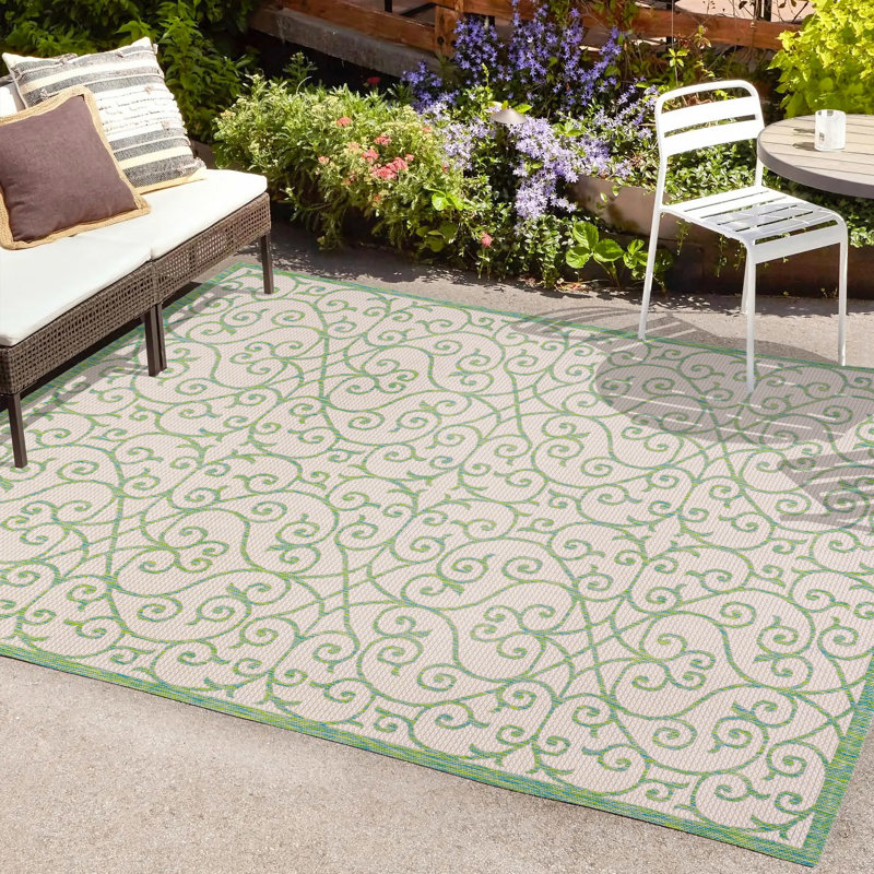 Deronte Vintage Filigree Textured Weave Cream/Green Indoor/Outdoor Rug, Rectangle 7'9" x 10'