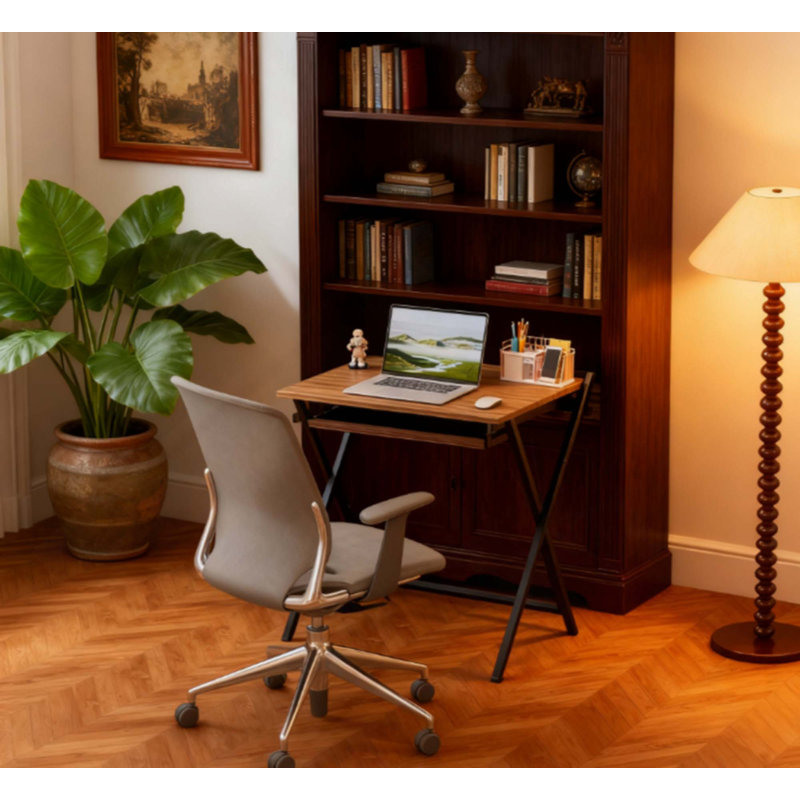 Folding Computer Desk,  With Monitor Shelf For Small Space, Home Office, Study, Natural/Grey