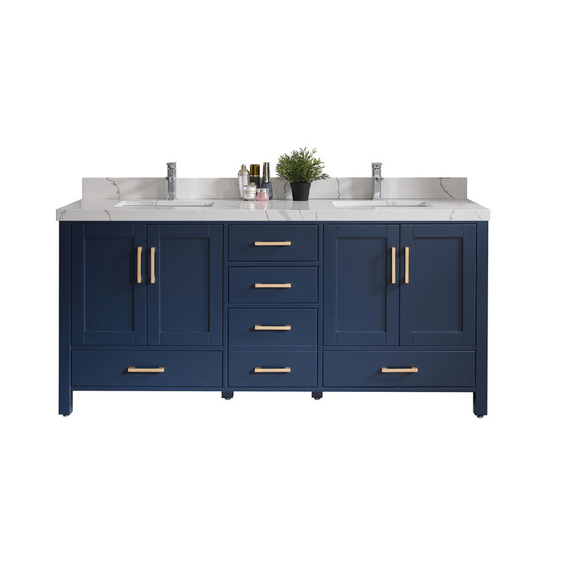 Meuble-lavabo à double cuve 60D x 22 Uckfield, Quartz Calacatta, Bleu marine